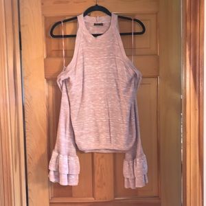 Express baby pink cold shoulder sweater with bell sleeves